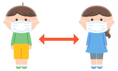 距離を取るマスクをつけた子どもたち／輪郭線なし