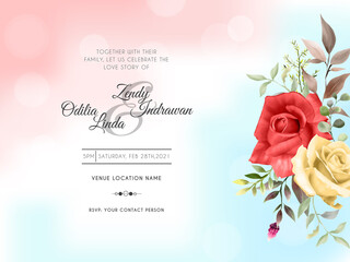 wedding card template with red rose bouquet illustration