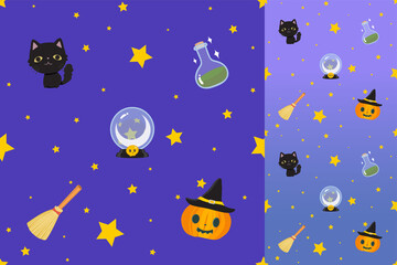 Seamless pattern Halloween theme on purple background with preview.