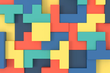 Abstract background of Soma cube. Puzzle pattern. 3D rendering.