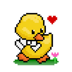 8 bit Pixel baby duck image. Animal in Vector Illustration.