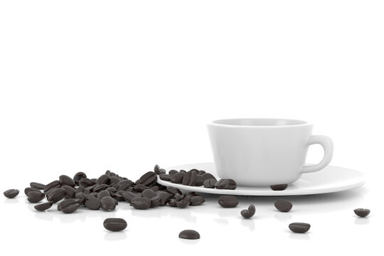 Cup and coffee beans, 3D rendering.