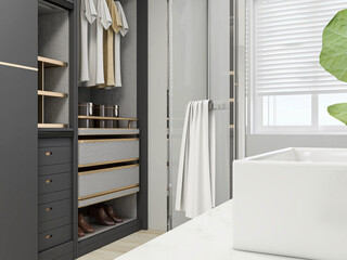 Fototapeta premium Clean and tidy bathroom, there are washing table, toilet, bathtub and other equipment