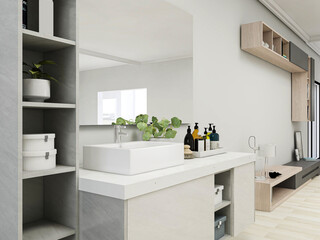 Clean and tidy bathroom, there are washing table, toilet, bathtub and other equipment