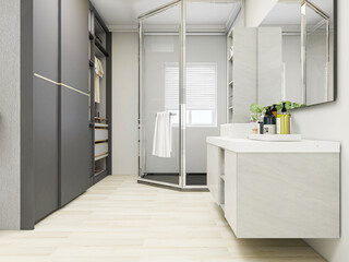 Clean and tidy bathroom, there are washing table, toilet, bathtub and other equipment