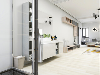 Clean and tidy bathroom, there are washing table, toilet, bathtub and other equipment