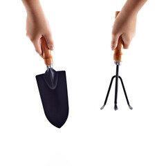 Kid hands holding garden tools