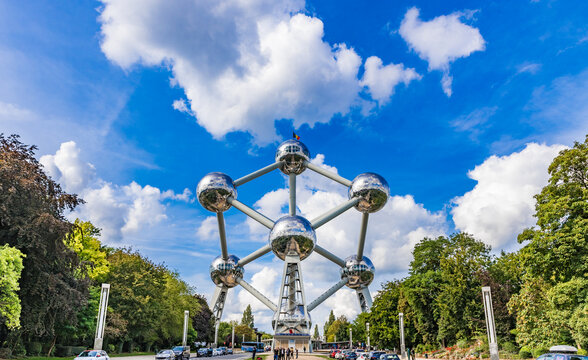 Brussels Atomium (1958) - silver atom model, most popular tourist attraction of Europe Capital. Nine spheres represent an iron crystal magnified 165 billion times. BRUSSELS, BELGIUM. Sep 9, 2019.