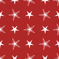 Obraz premium Vector Red Christmas Star seamless pattern background. Red solid background with white stars in a geometric pattern. Good for Christmas decor, packaging, gift wrap, paper, stationery and other uses.
