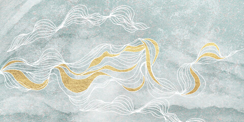 Smooth, abstract waves, lines with gold inserts on a textured background. Image for printing on photowall-paper, fantasy abstraction