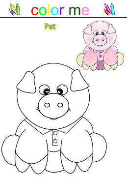 Illustration coloring book with images of cartoon animals. Children's pictures with colorful animals and a sketch for coloring on a white background close-up.