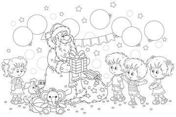 Santa Claus smiling and giving his magical Christmas presents to happy and merry small children, black and white outline vector cartoon illustration for a coloring book page