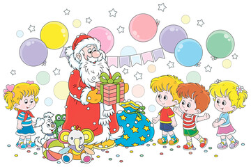 Santa Claus giving his magical Christmas presents to happy and merry children, vector cartoon illustration on a white background