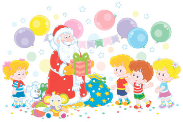 Santa Claus giving his magical Christmas presents to happy and merry small children, vector cartoon illustration on a white background