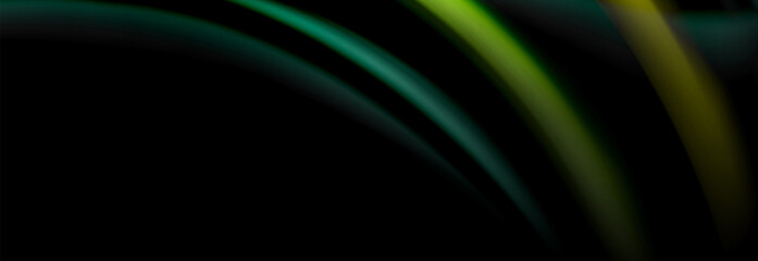 Dynamic motion abstract background. Color blurred stripes on black. Wave liquid lines poster. Vector illustration