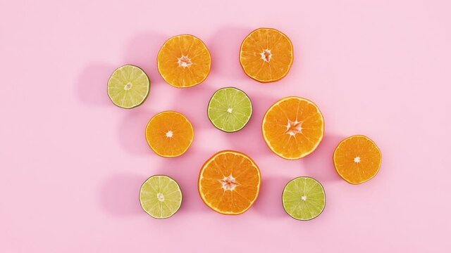 Slices of ripe fresh citrus limes and oranges rotating in circle on pink theme. Stop motion 