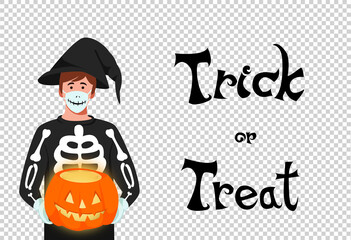Men wearing medical mask , halloween costume , holding pumpkins   isolated  on png or transparent  background, halloween party during COVID-19 pandemic  vector illustration
