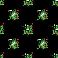 Obraz premium SMOKING TOAD WITH FAN SEAMLESS PATTERN COLOR BLACK BACKGROUND