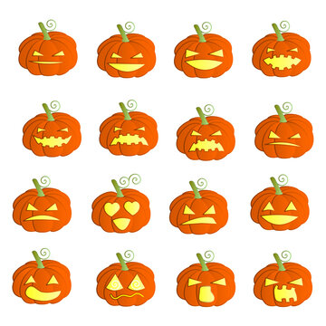 A set of pumpkins for the Halloween celebration with different facial expressions, anger, joy, disgust. embarrassment, smile, love and cry, color vector clip art on a white isolated background