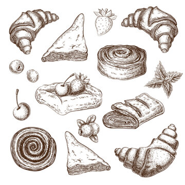 puff pastries sketch collection isolated on white. Pastry with berries pencil drawing in vintage engraved style. puff cakes, buns, patty, croissants, turnovers, pie. baking clipart for menu design.