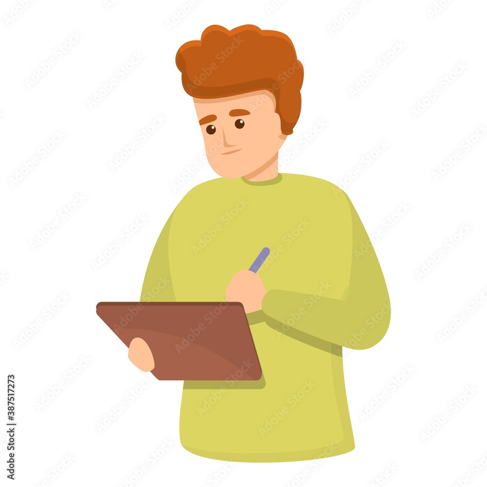 Poster student with tablet icon. cartoon of student with tablet vector icon for web design isolated on whit