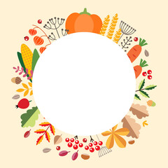Harvest background. Autumn circle frame with vegetables, berries and autumn leaves. Can be used for autumn holiday invitation, greeting card or flyer. Vector 8 EPS.