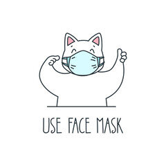 Use Face Mask. Illustration of a cute cat wearing face mask isolated on a white background. Vector 8 EPS.