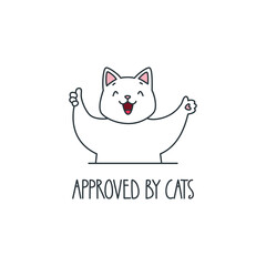 Approved by cats. Illustration of a funny cat showing a thumb up up isolated on a white background. Vector 8 EPS.