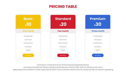 Modern pricing comparison table with three subscription plans and place for description. Flat pricing table design template for or websites and applications.