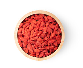 goji berries in wood bowl isolated on white background