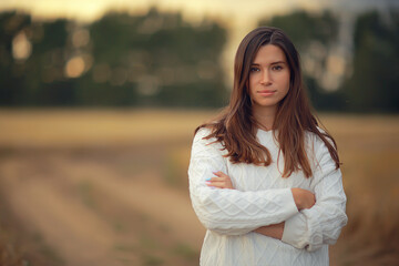 long hair warm tone portrait summer country side outdoor activity beautiful model