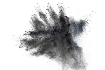 Black powder explosion against white background.The particles of charcoal splattered on white...