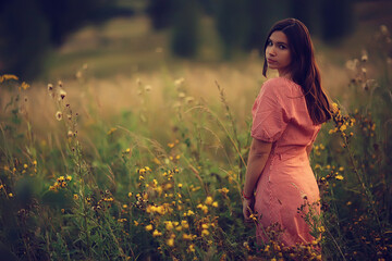 girl summer dress flowers field, abstract summer look, wildflowers warm portrait