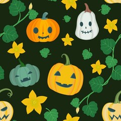 Seamless illustration cartoon devil pumpkin on black background . Halloween theme.