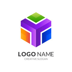 hexagon arrow logo, arrow and hexagon, combination logo with 3d colorful style
