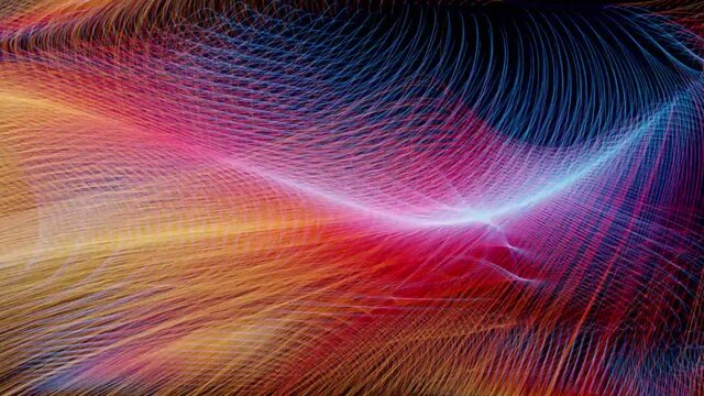 3d video animation abstract art of surreal background with curve wavy spiral and twisted magic miracle fantasy concentric tungsten filament electric lines in red and blue glowing light on black