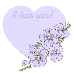 An illustration with a Purple heart, flowers and an inscription about love. Printed material, greeting card for lovers.