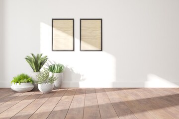 modern room with wooden frames and plants in pots interior design. 3D illustration