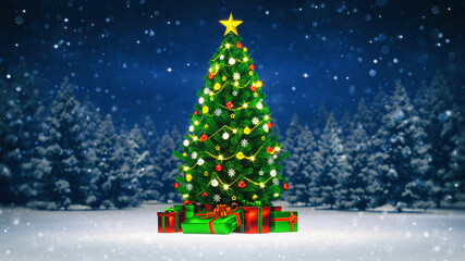 Gorgeous Christmas tree in a snowy winter forest under starry sky. Winter holiday season 3D illustration background.