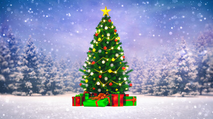 Gorgeous Christmas tree in a snowy winter forest under blue sky. Winter holiday season 3D illustration background.