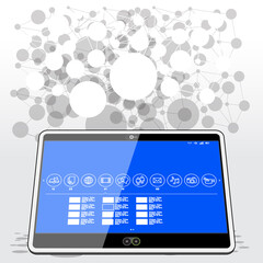 A network connected Tablet computer presenting a horizontal application list. A selected movie application is expanded showing a list of available entertainment media.