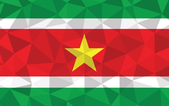 Low poly Suriname flag vector illustration. Triangular Surinamese flag graphic. Suriname country flag is a symbol of independence.