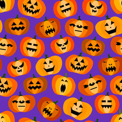 Seamless halloween scary orange pumpkins pattern. Funny, creepy, smiling face on purple backgrounds. Autumn characters image. Happy Halloween symbol. Spooky vector trick or treat party illustration