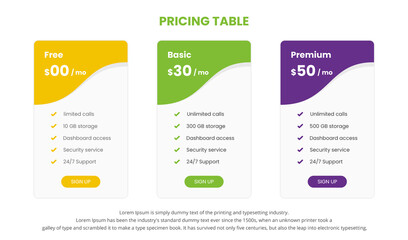 Modern pricing comparison table with three subscription plans and place for description. Flat pricing table design template for or websites and applications.