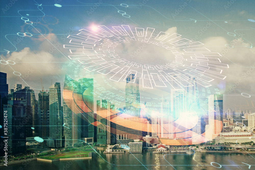 Poster data theme hologram drawing on city view with skyscrapers background multi exposure. bigdata concept