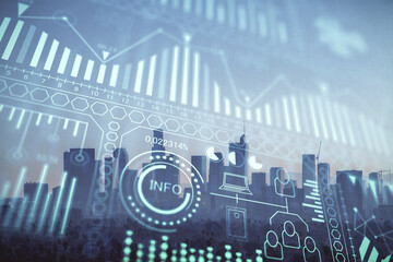 Double exposure of technology theme hologram and cityscape background. Concept of Hightech.