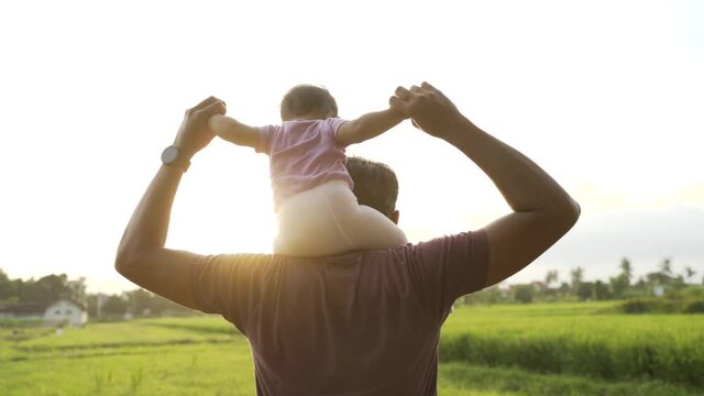 father carry children on his shoulder at sunset in meadow