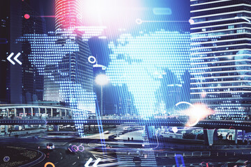 Map and data theme hologram on city view with skyscrapers background double exposure. International technology in business concept.