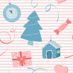 seamless pattern with Christmas decorations, vector color illustration.