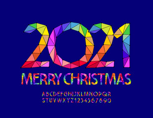 Vector creative greeting card Merry Christmas 2021! Mosaic colorful Font. Bright artistic Alphabet Letters and Numbers set